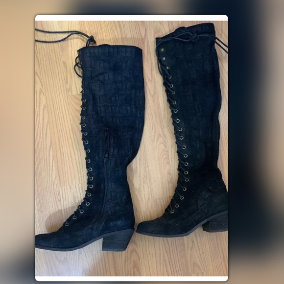 Free People Jeffrey Campbell Black Croc JOE over the knee lace up boots. - Picture 2 of 4